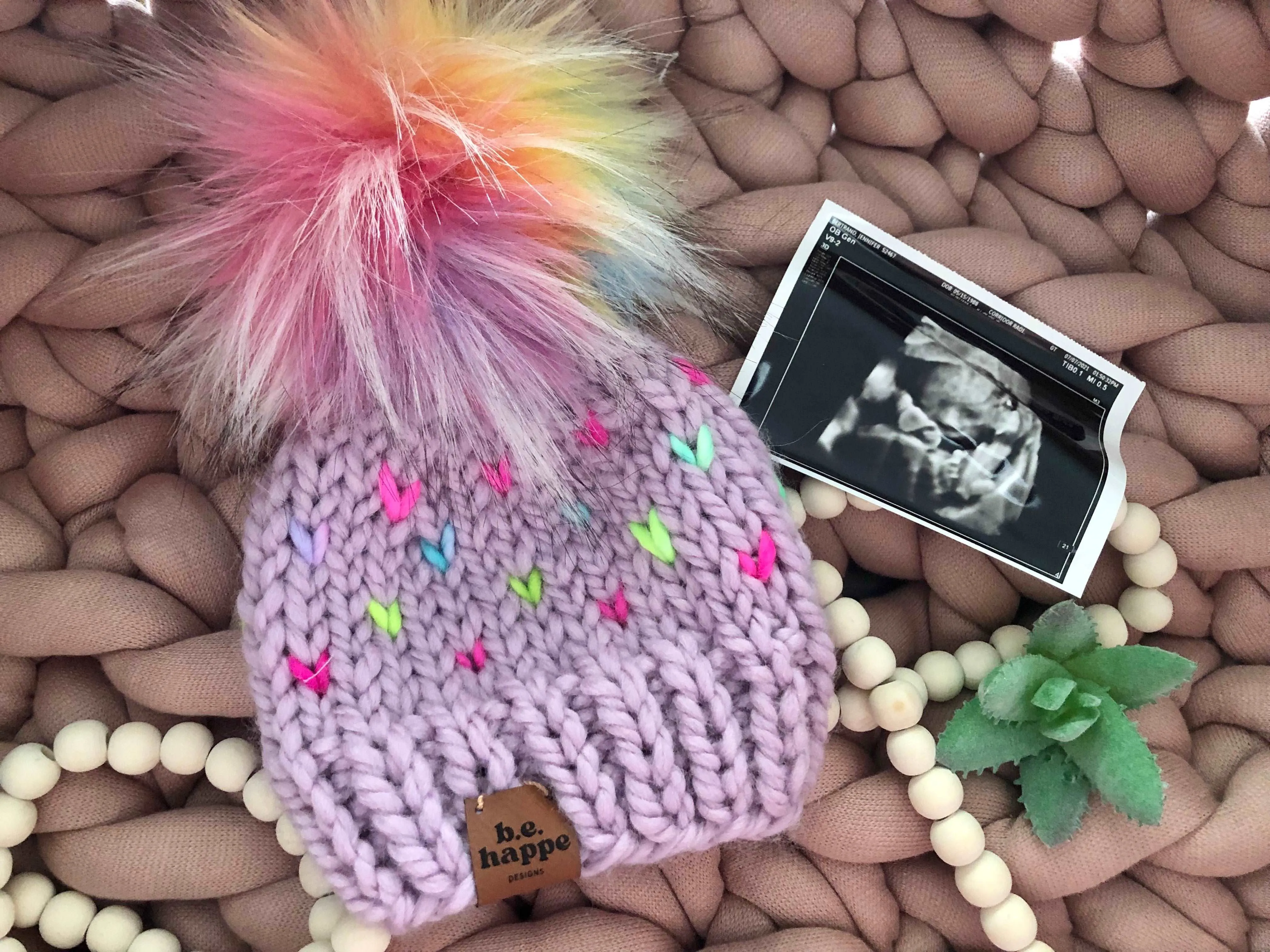 0-3 month Baby Knit Hearts Pom Hat | Purple Rainbow