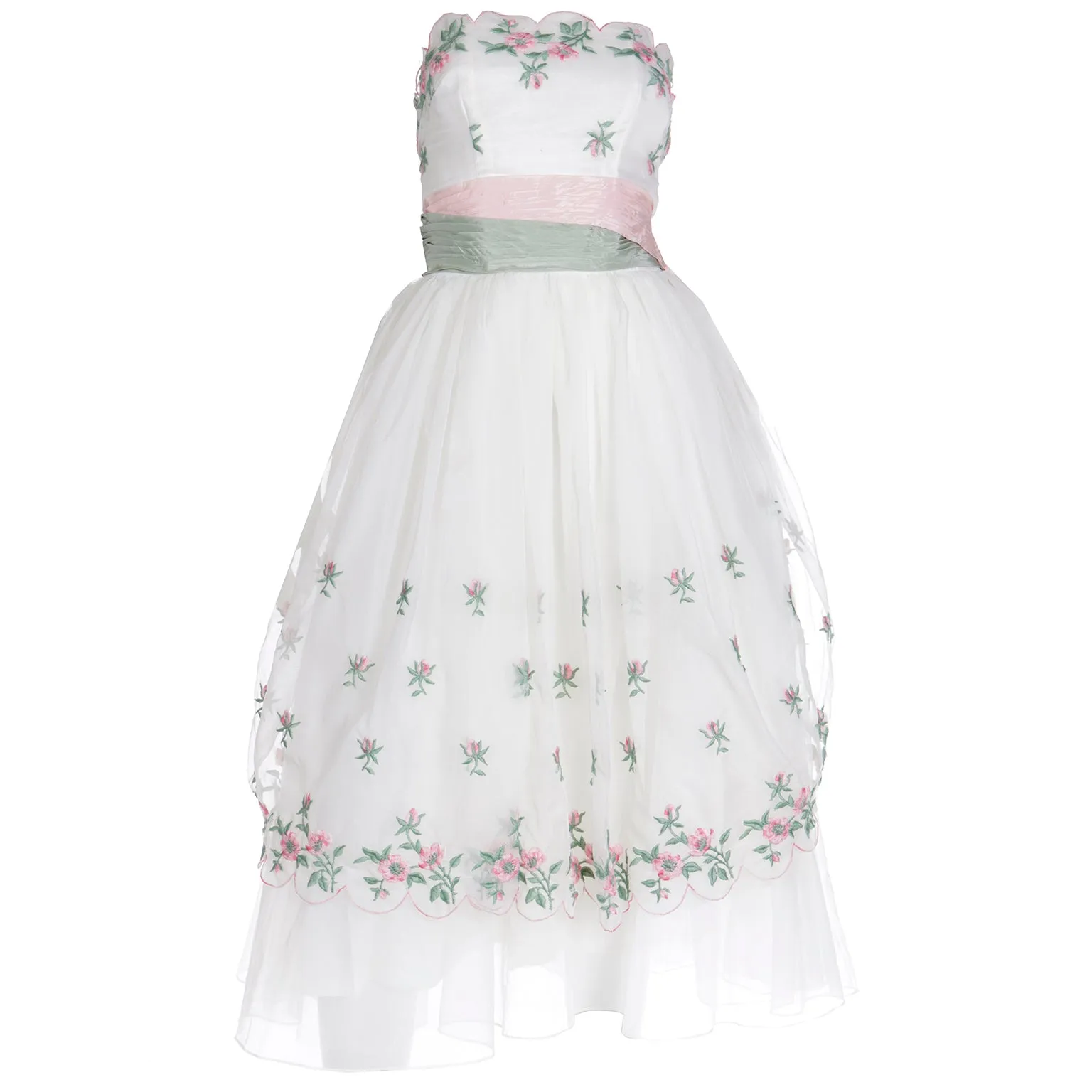 1950s Emma Domb White Party Dress w Pink Roses & green Leaves