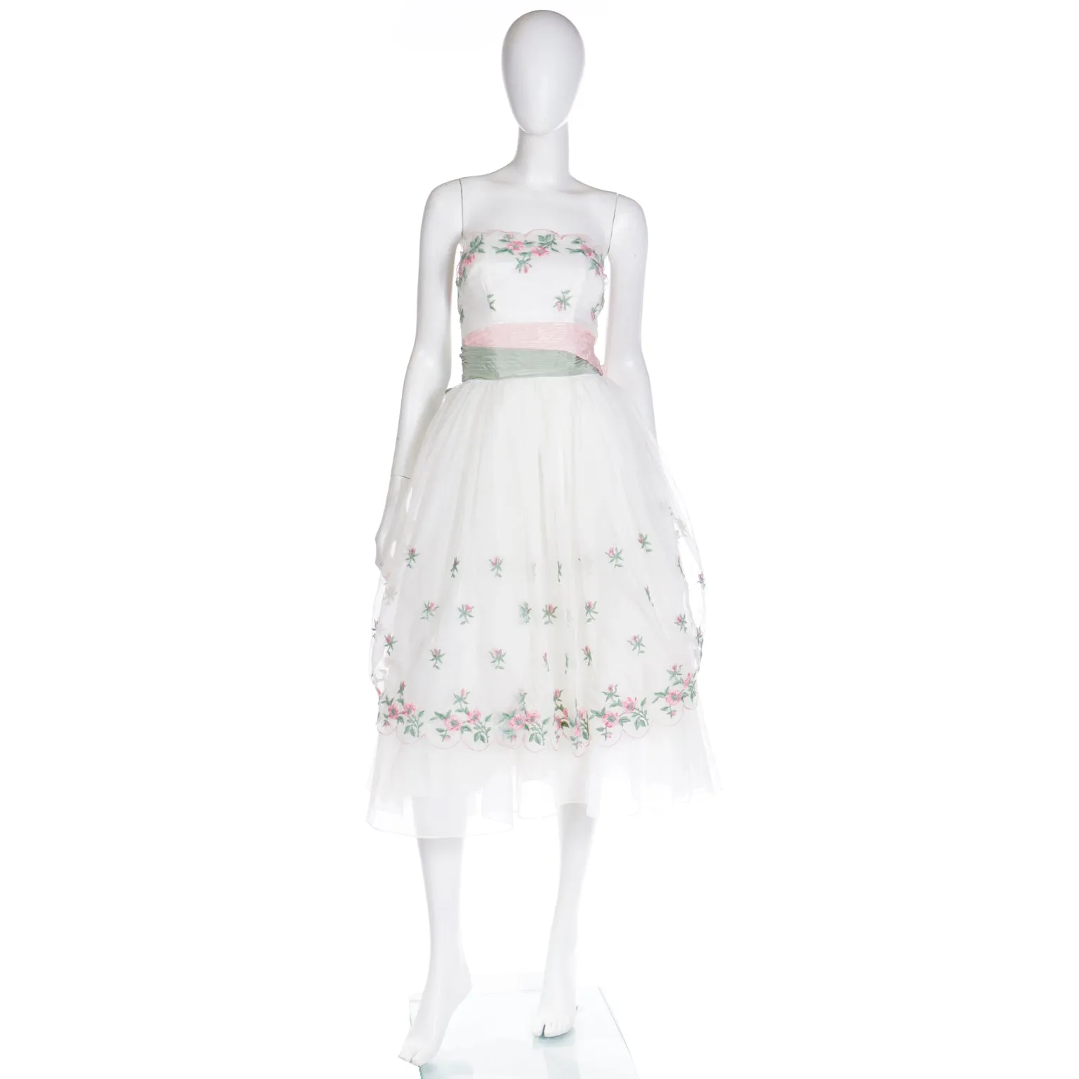 1950s Emma Domb White Party Dress w Pink Roses & green Leaves