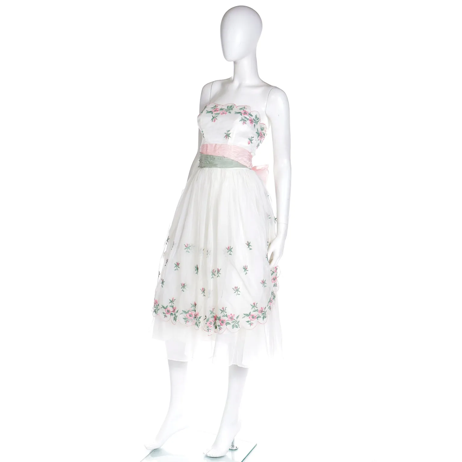 1950s Emma Domb White Party Dress w Pink Roses & green Leaves