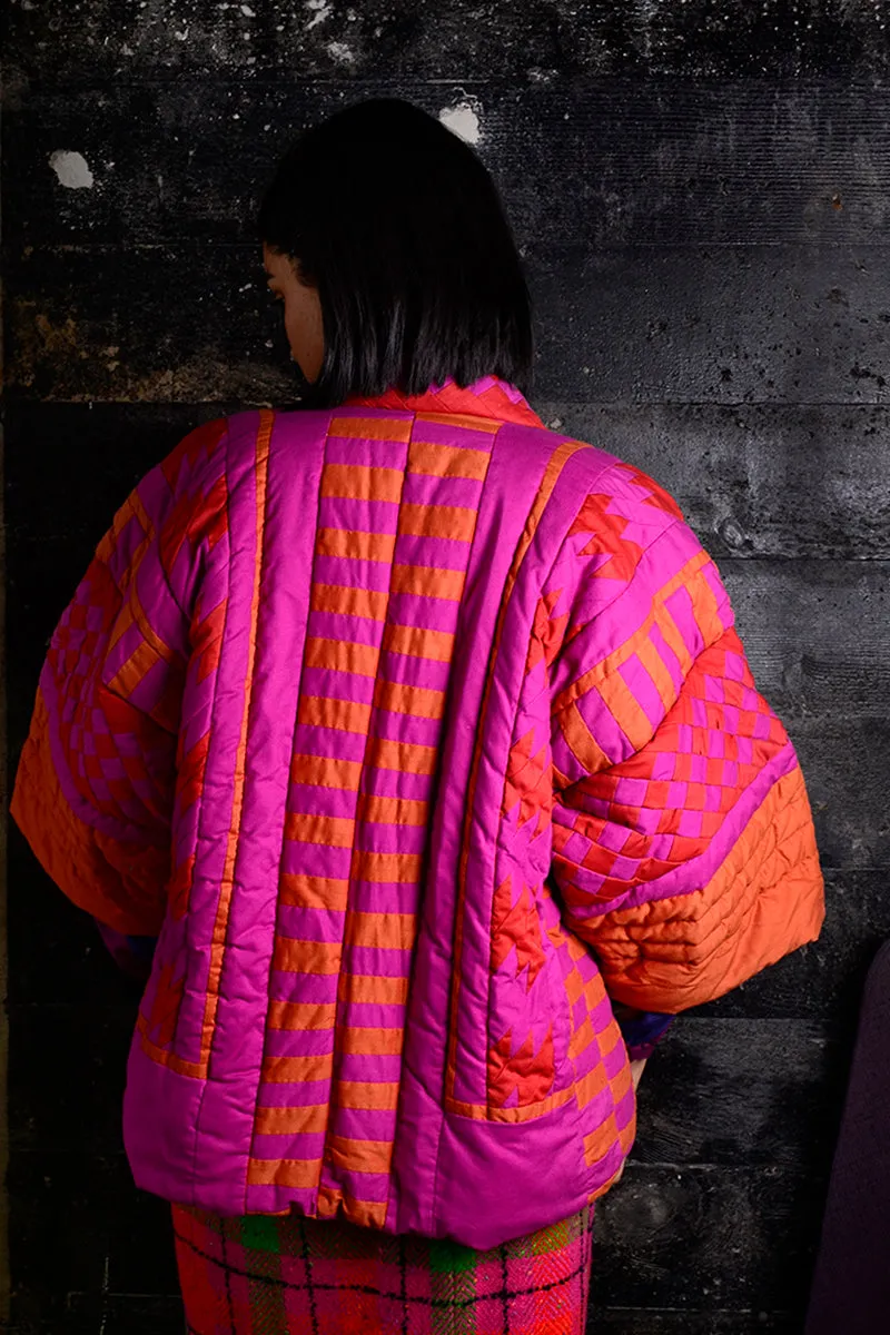 1980's Pink and Burnt Orange Quilted Kimono Style Puffer Jacket