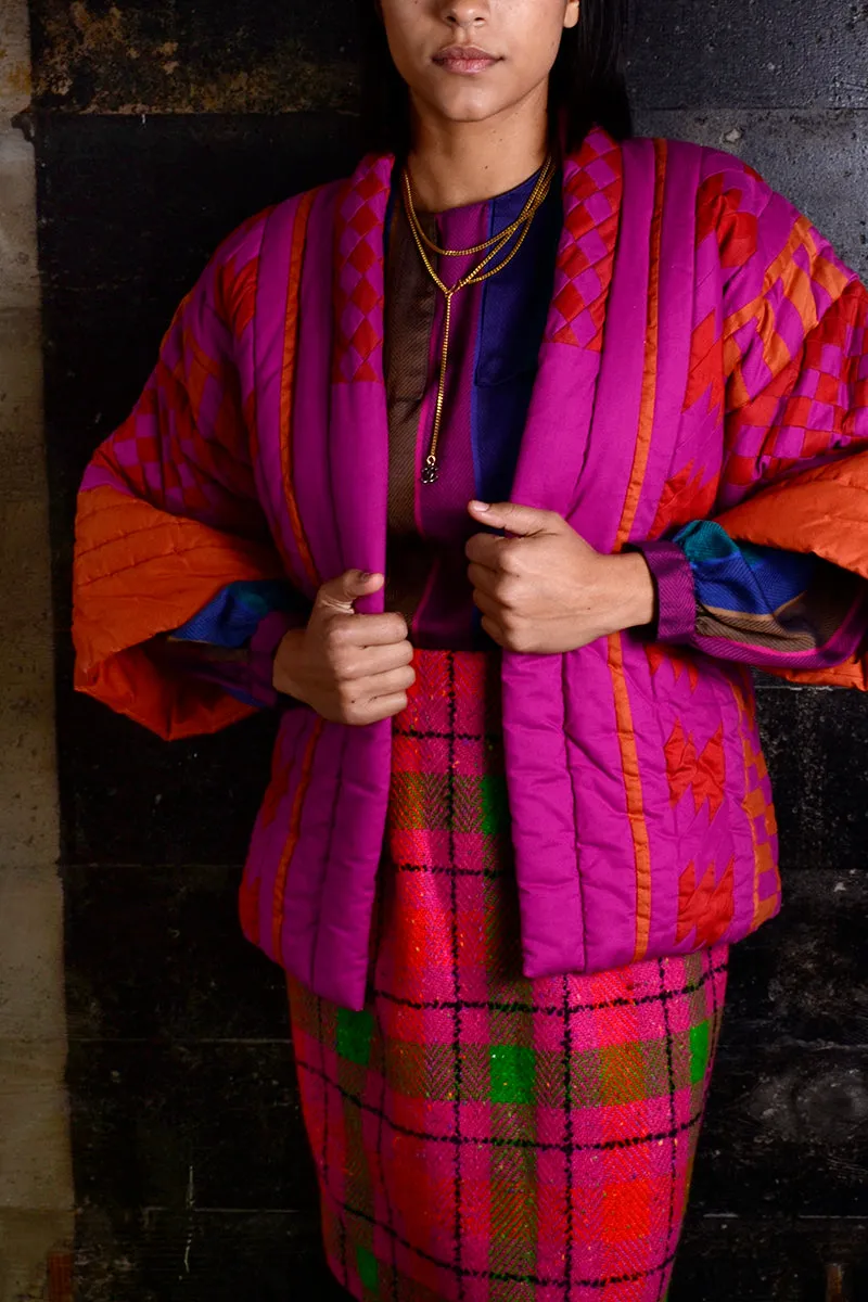 1980's Pink and Burnt Orange Quilted Kimono Style Puffer Jacket