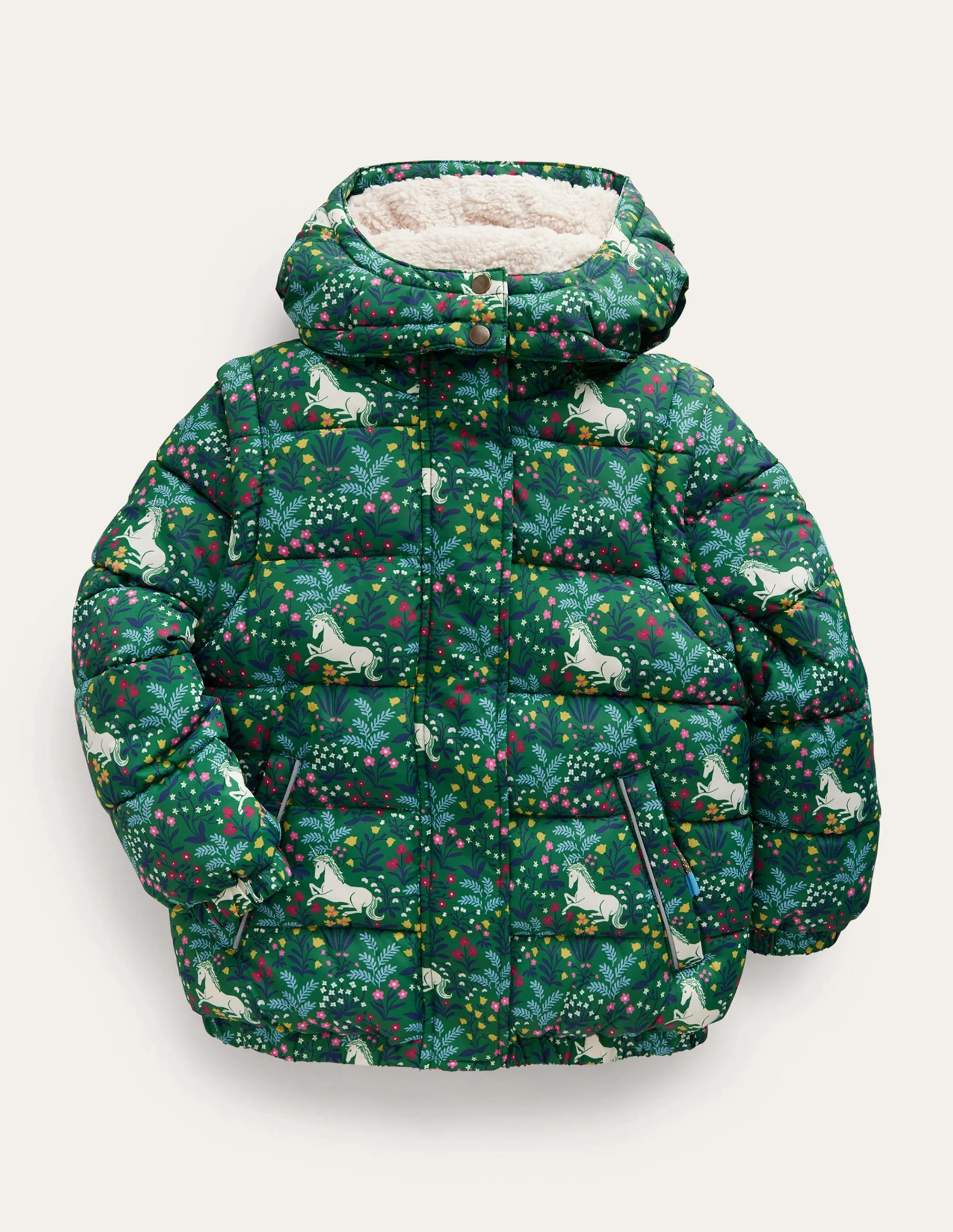 2-in-1 Padded Coat-Deep Green Unicorn Meadow