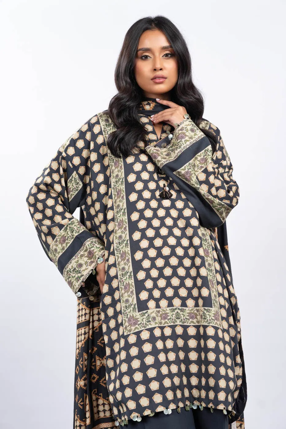 3 Pc Printed Corduroy Suit With Viscose Dupatta