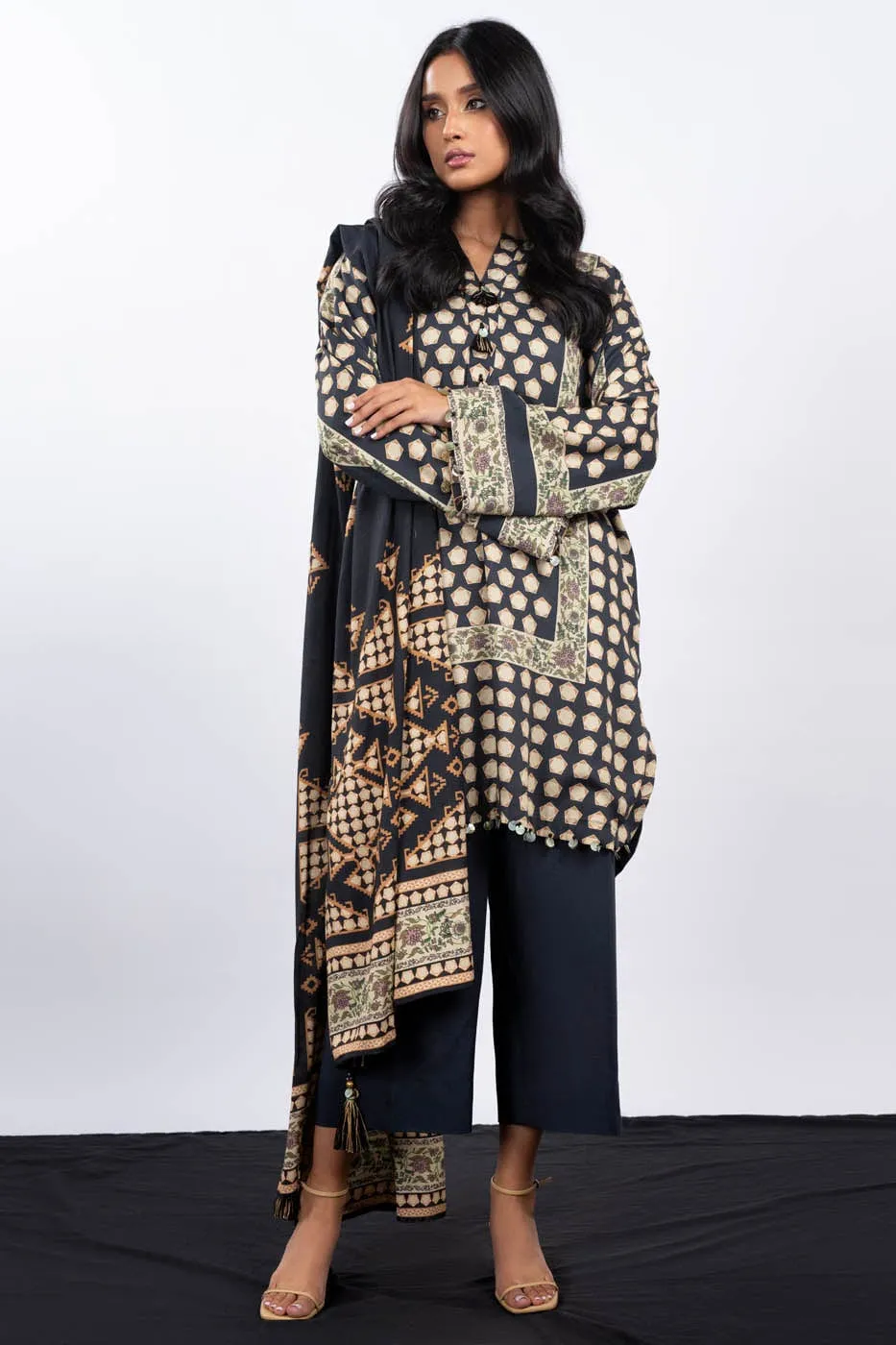 3 Pc Printed Corduroy Suit With Viscose Dupatta