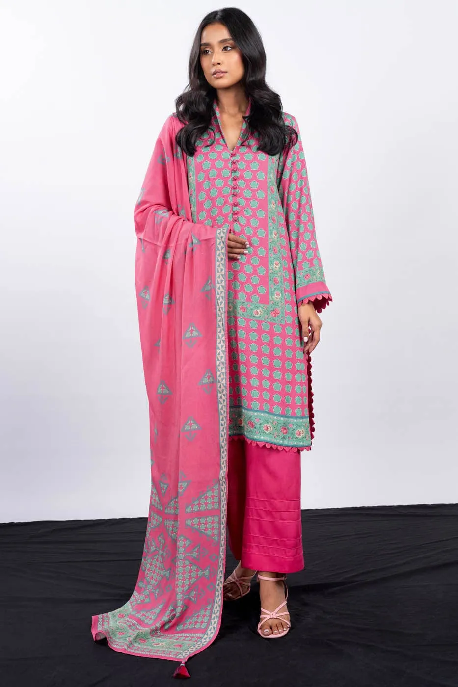 3 Pc Printed Corduroy Suit With Viscose Dupatta