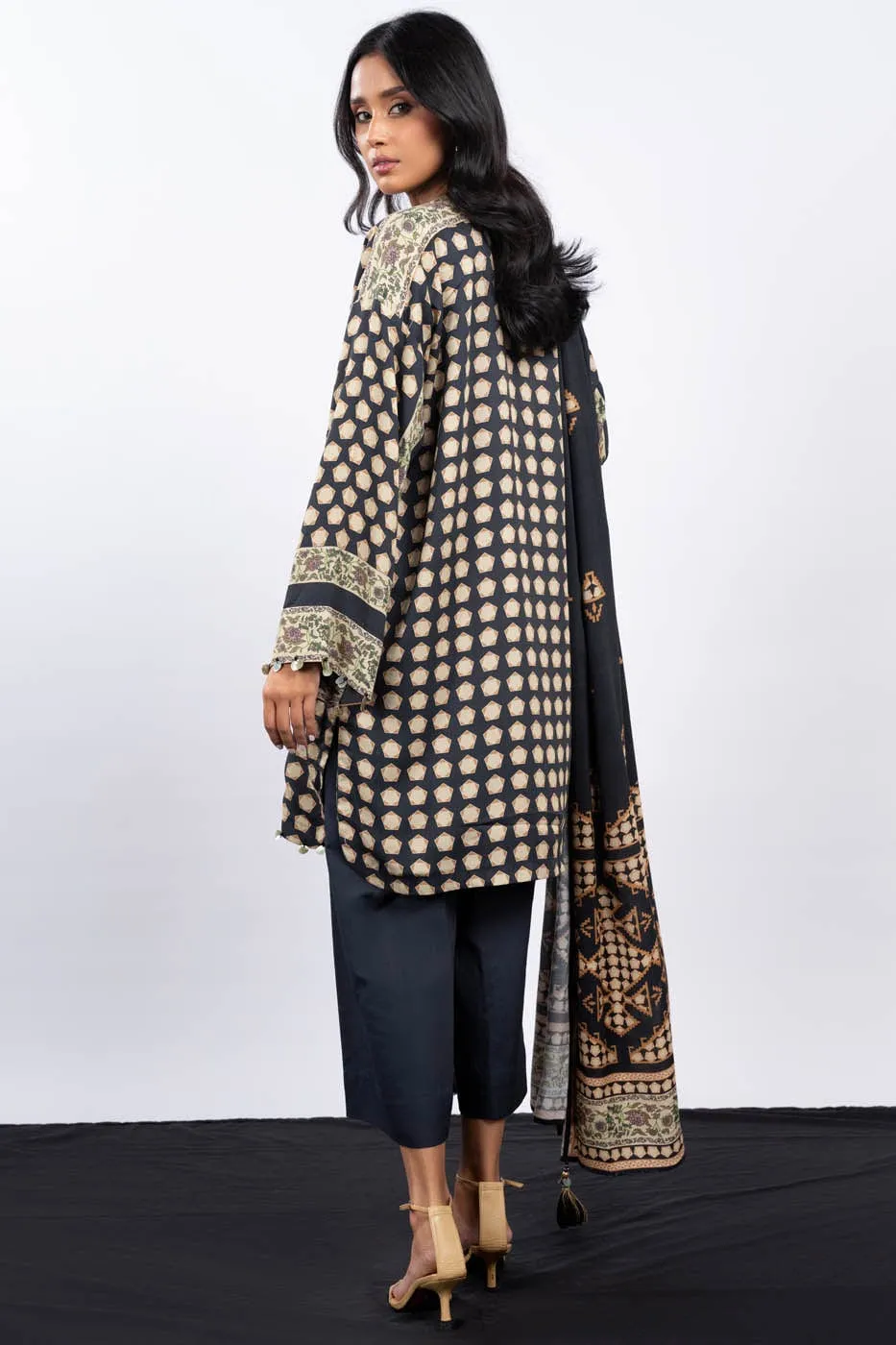 3 Pc Printed Corduroy Suit With Viscose Dupatta