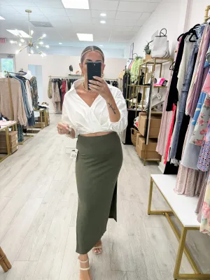 Army Green Ribbed Pencil Skirt