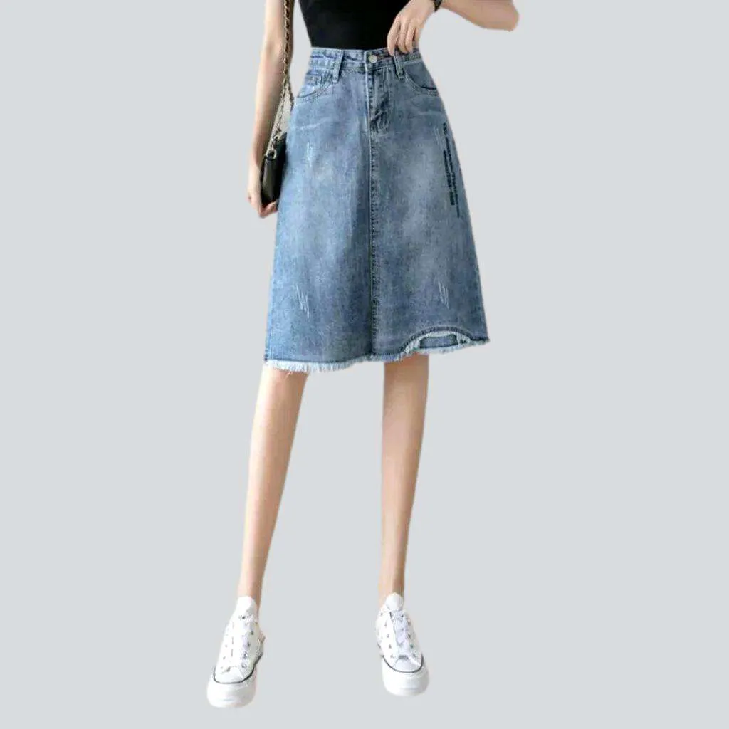 Asymmetric curve embroidered denim skirt