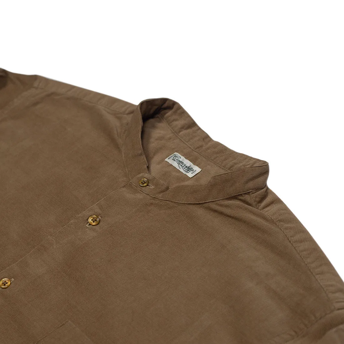 Band collar shirt in caramel brown cotton microcorduroy