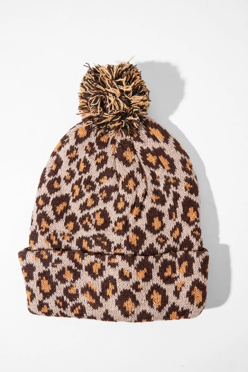 Beige Leopard Knit Pom Pom Hat - Kela