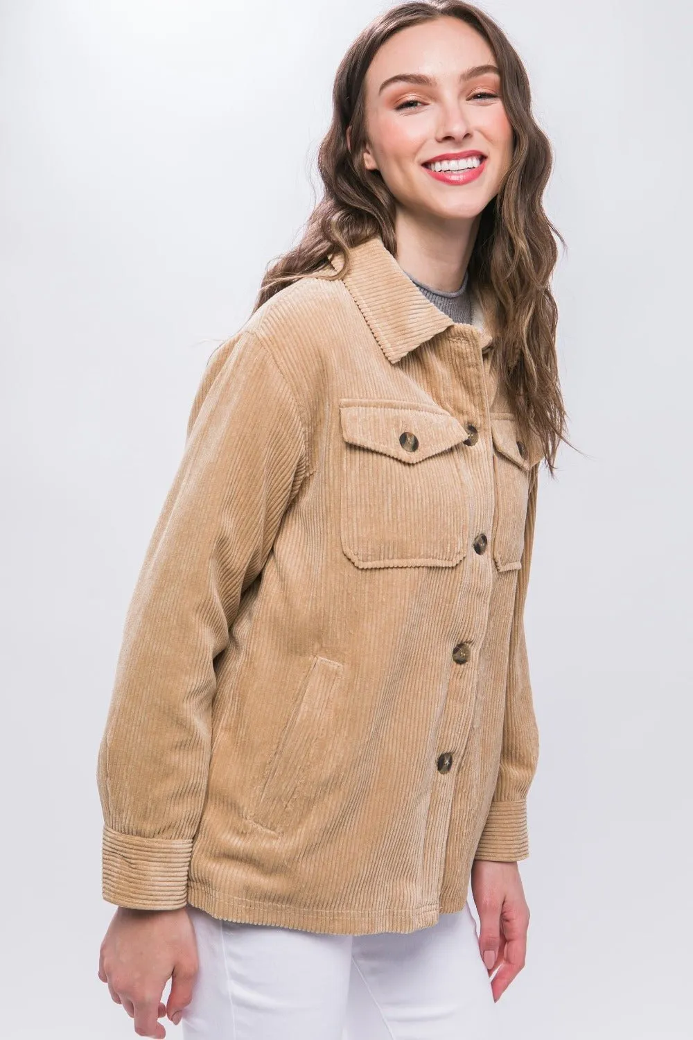 Beige Sherpa Lined Corduroy Button Up Jacket