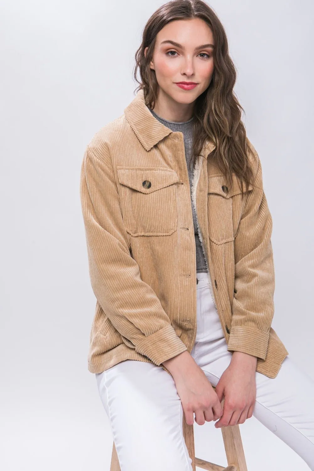 Beige Sherpa Lined Corduroy Button Up Jacket