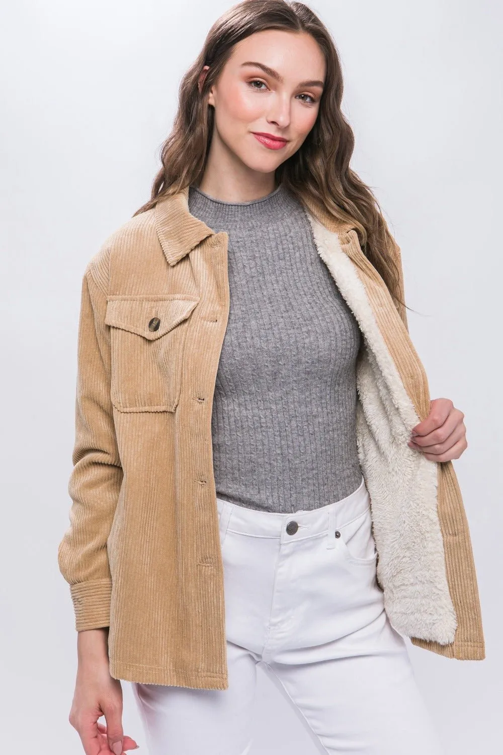 Beige Sherpa Lined Corduroy Button Up Jacket