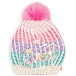 BILLIEBLUSH RIB KNIT "COOL" SEQUIN EMBROIDERY POM POM HAT