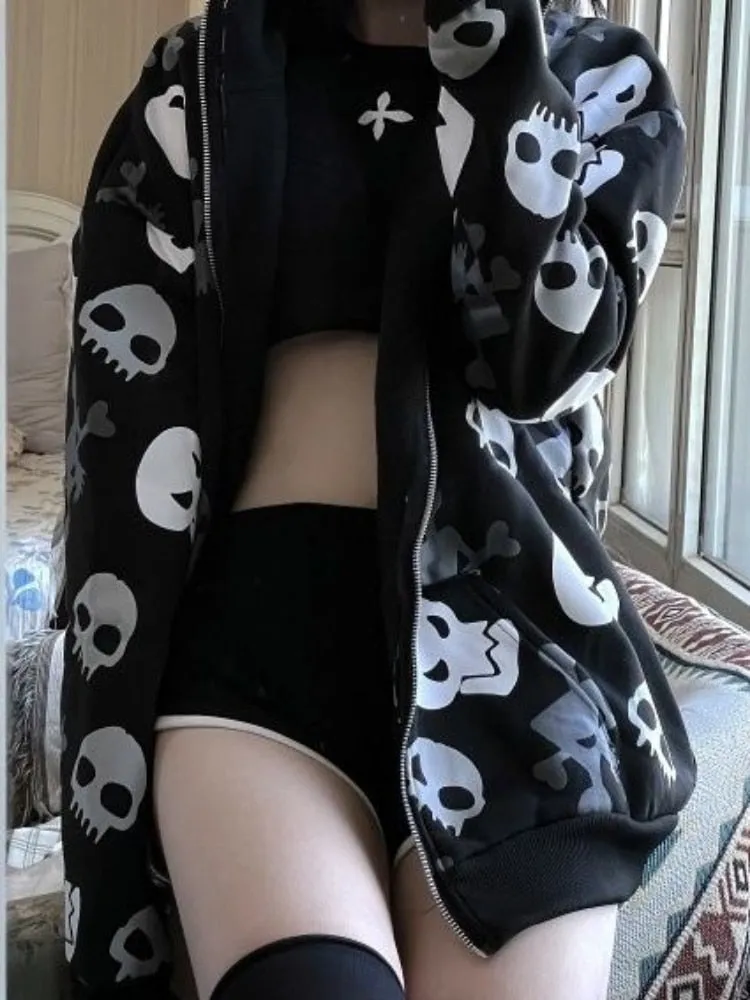 Black & Grey Skull Repeat Print Zip Up Hoodie