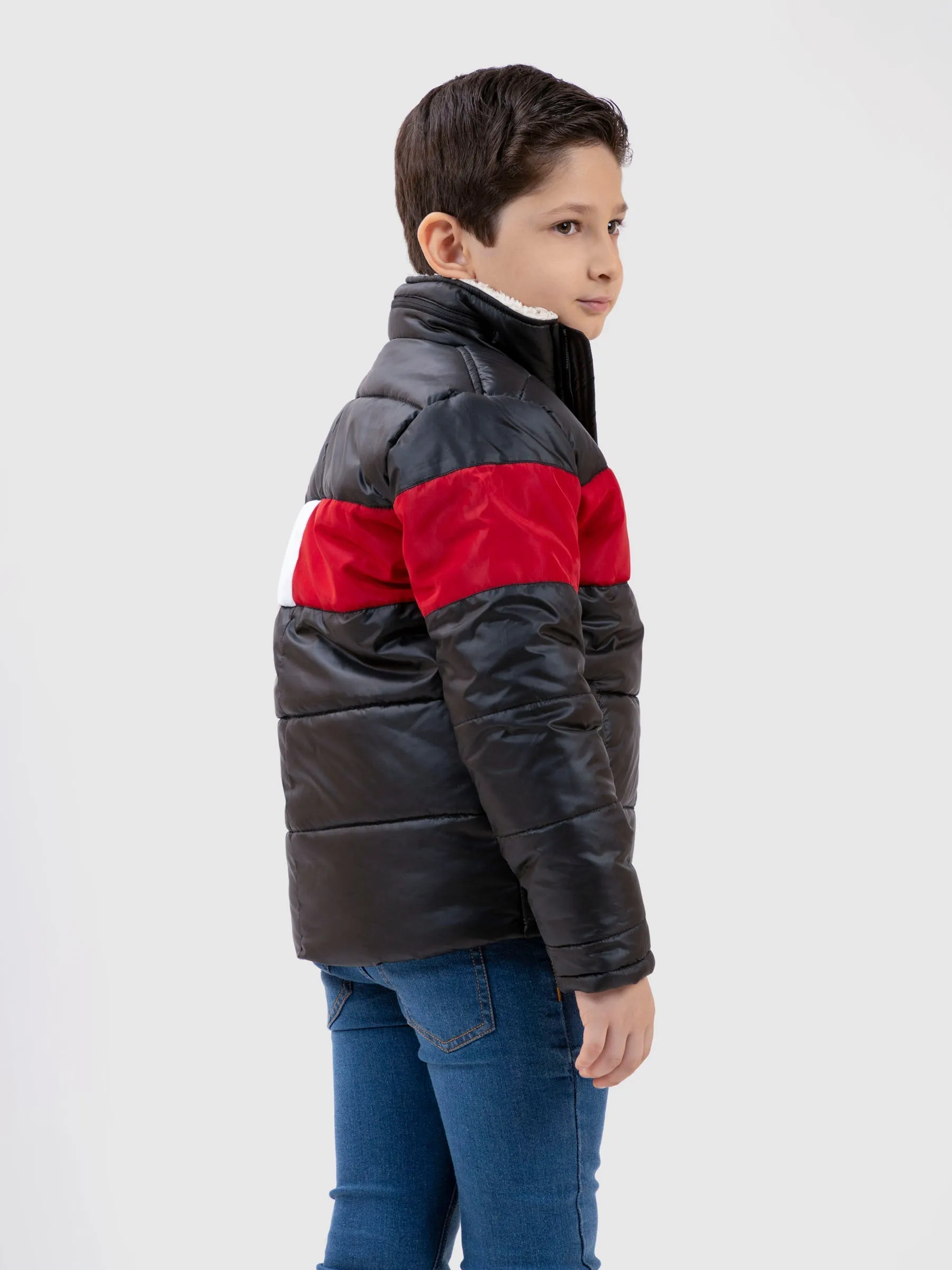 Black & Red Casual Puffer Jacket With Sherpa & Hidden Hoodie - Unisex