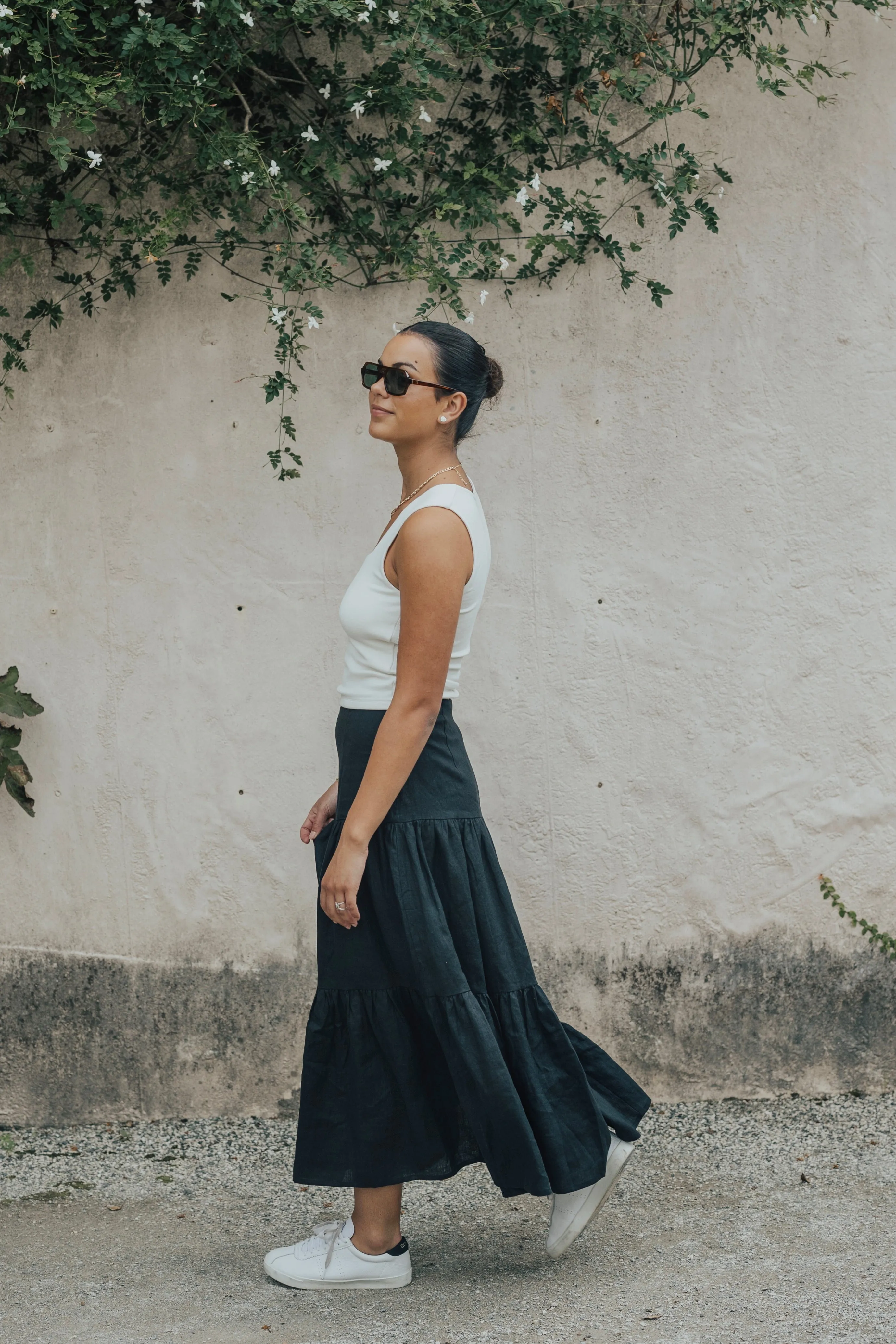 Blazing Black Tiered Linen Midi Skirt