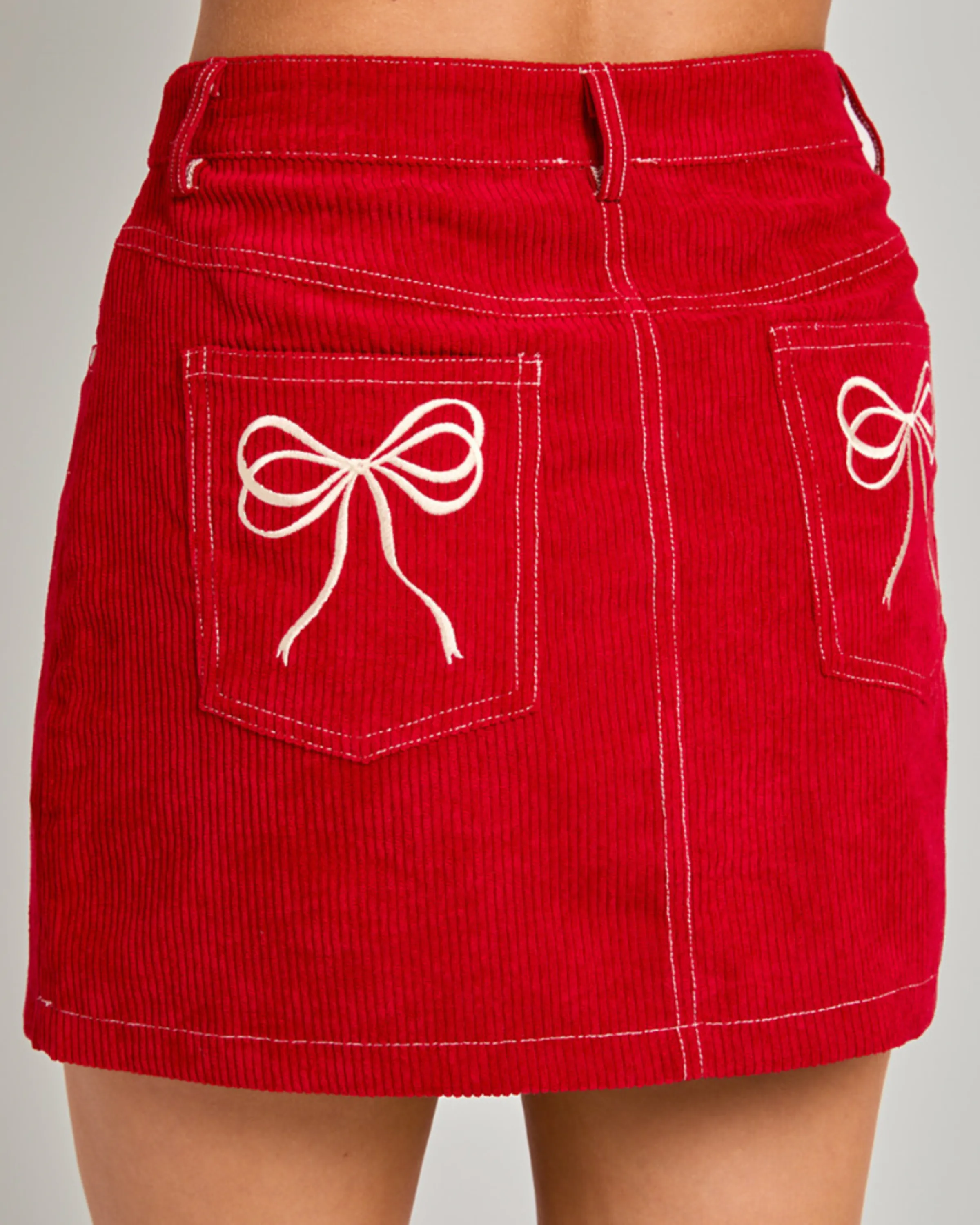 Bow Pocket Corduroy Skirt in Red