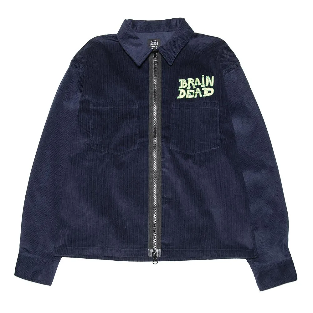 Brain Dead Mushroom Embroidered Full Zip Corduroy Shirt Jacket / Navy