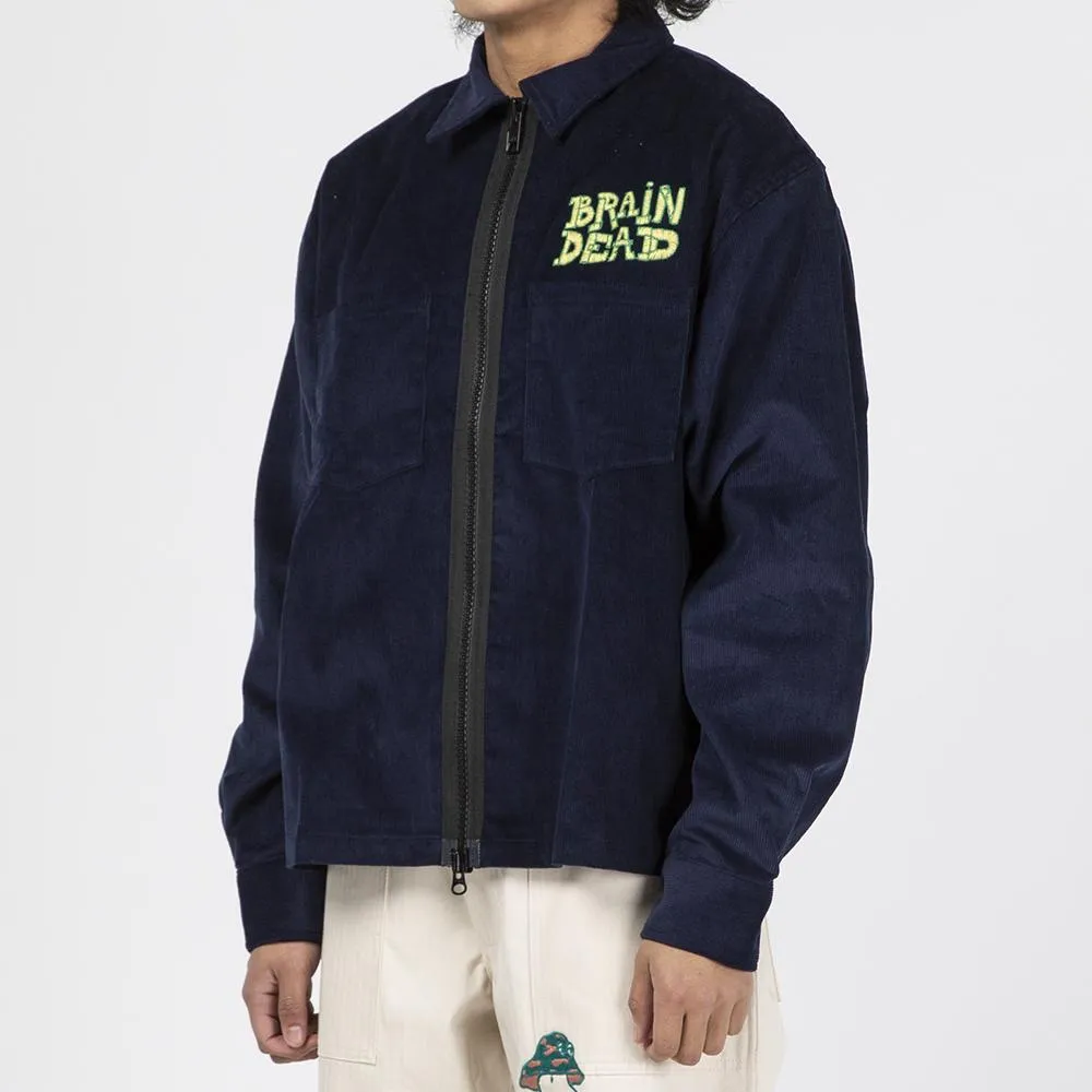 Brain Dead Mushroom Embroidered Full Zip Corduroy Shirt Jacket / Navy