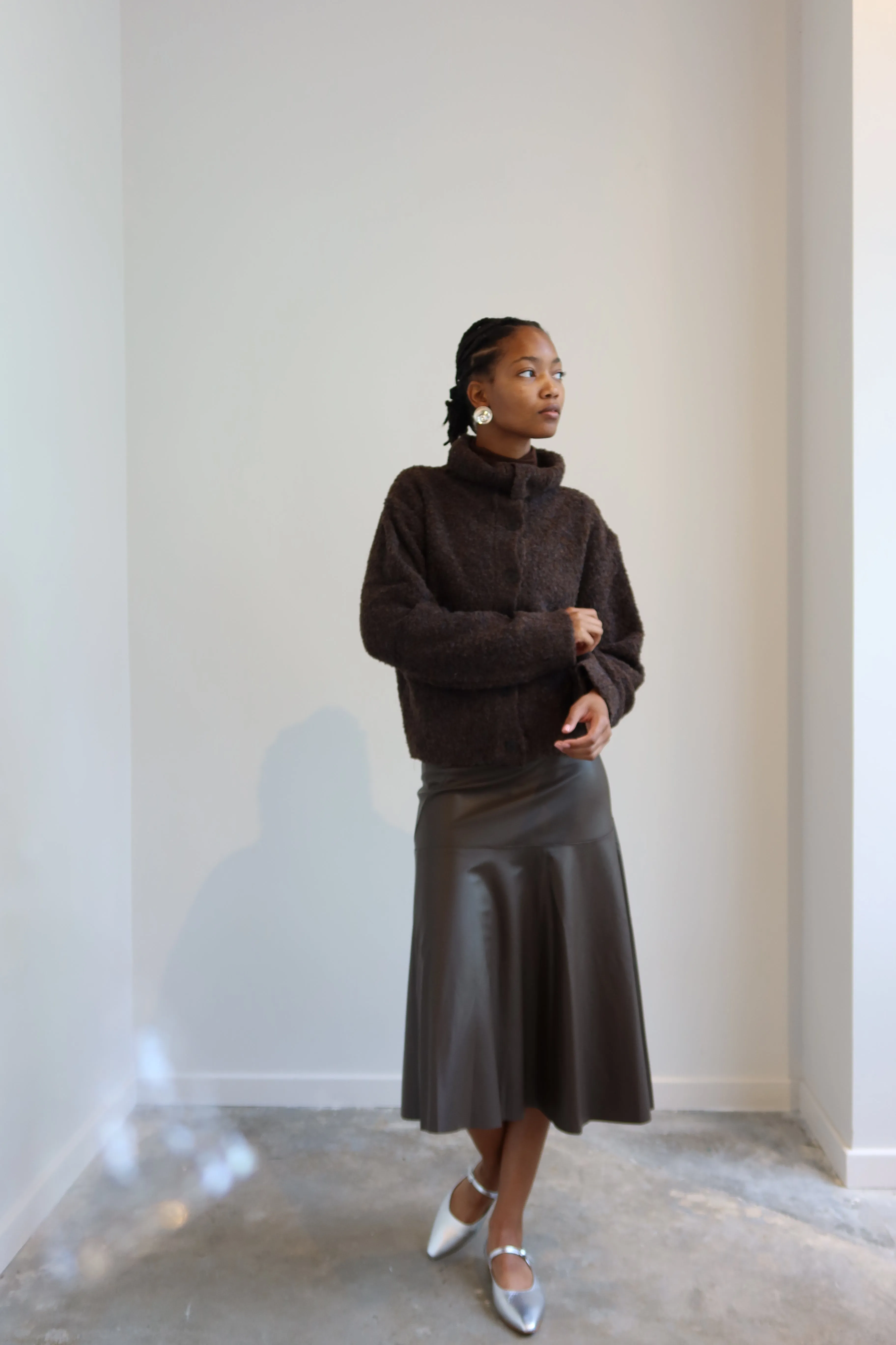 Brown Asymmetrical Vegan Leather Midi Skirt