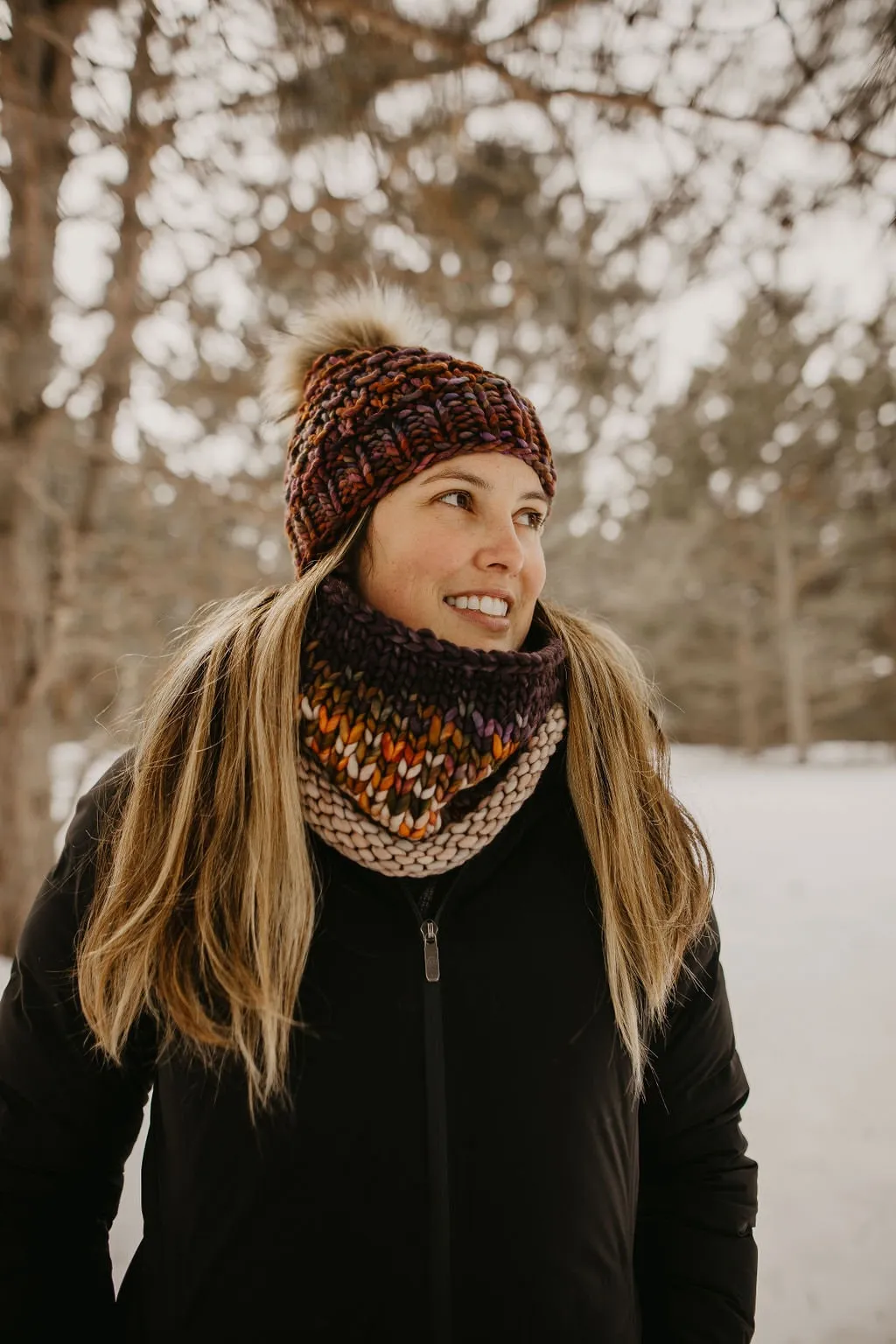 Brown Multi-Color Merino Wool Knit Hat with Faux Fur Pom Pom