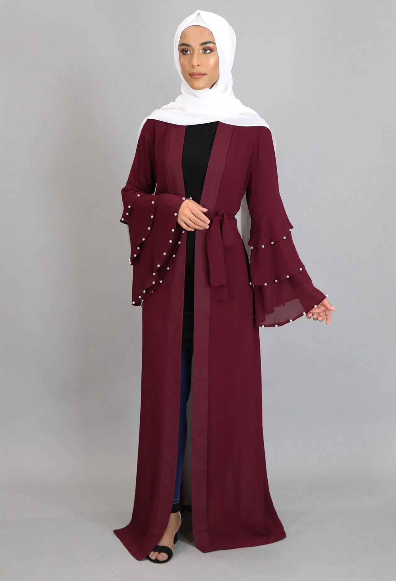 Burgundy Chiffon Pearls Abaya Cardigan Dress