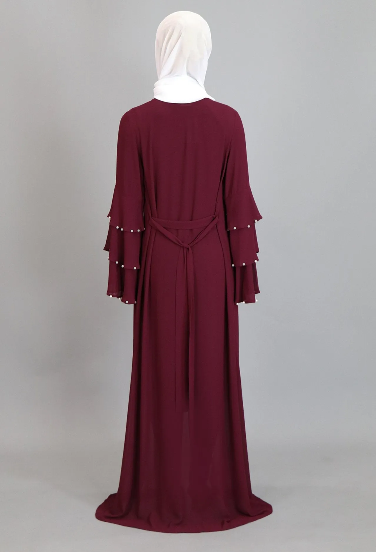 Burgundy Chiffon Pearls Abaya Cardigan Dress