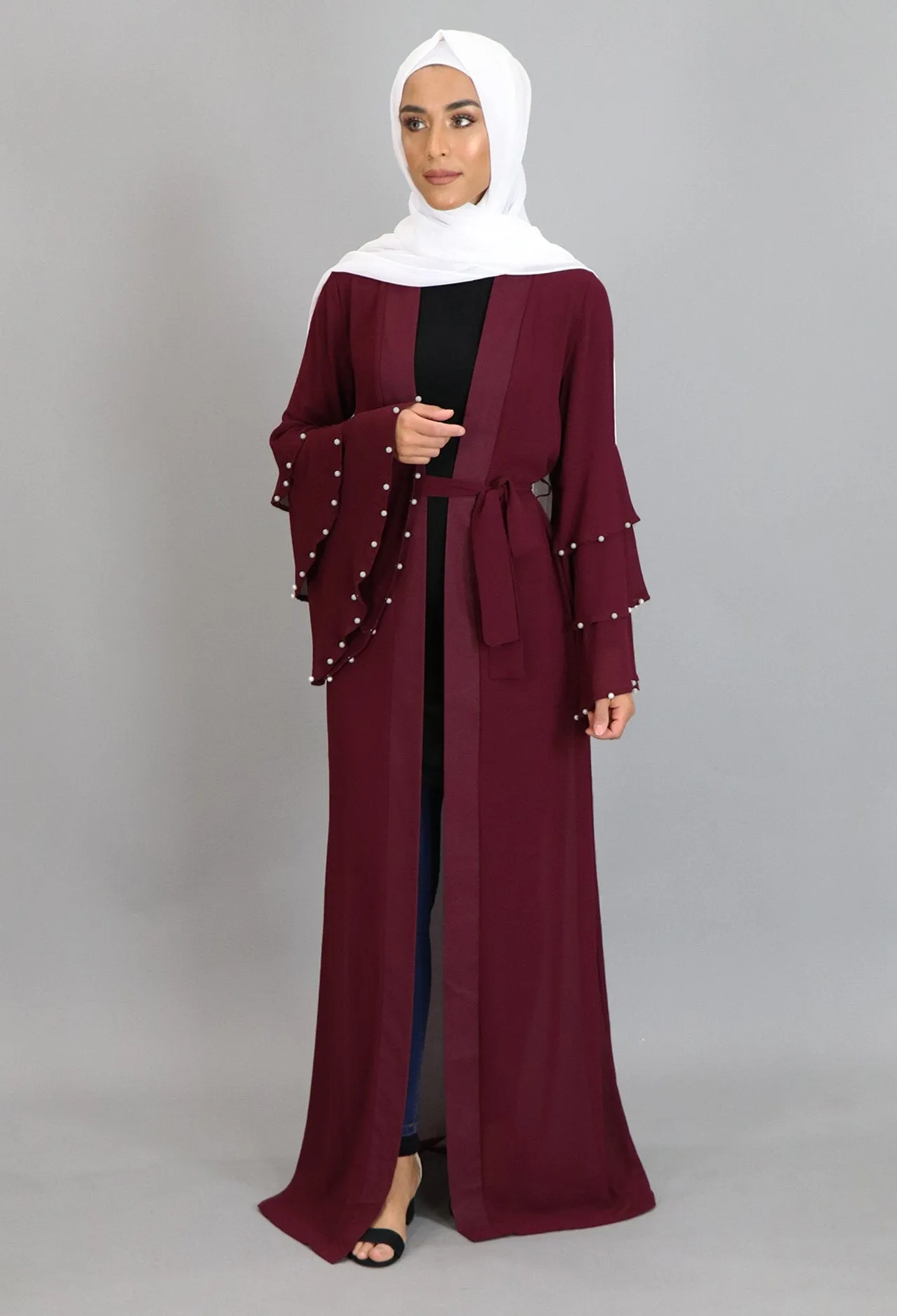 Burgundy Chiffon Pearls Abaya Cardigan Dress