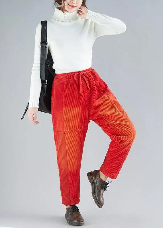 Casual Red retro Colorblock Tie Waist Fall Corduroy Pants