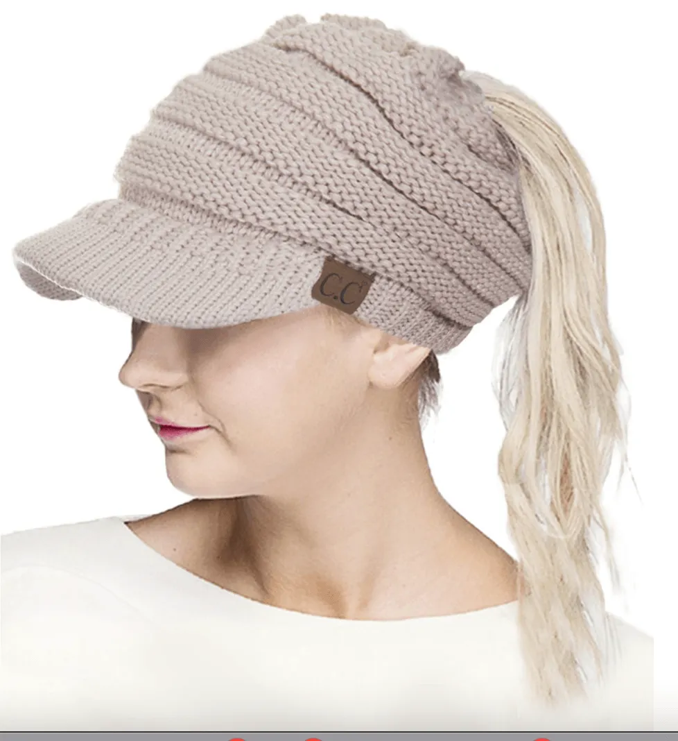 C.C KNIT BRIM MESSY BUN PONYTAIL VISOR BEANIE HAT-MB-131