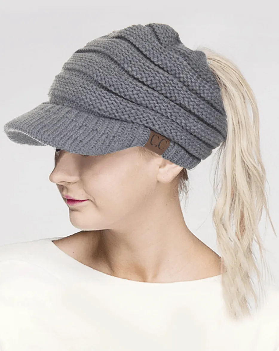 C.C KNIT BRIM MESSY BUN PONYTAIL VISOR BEANIE HAT-MB-131