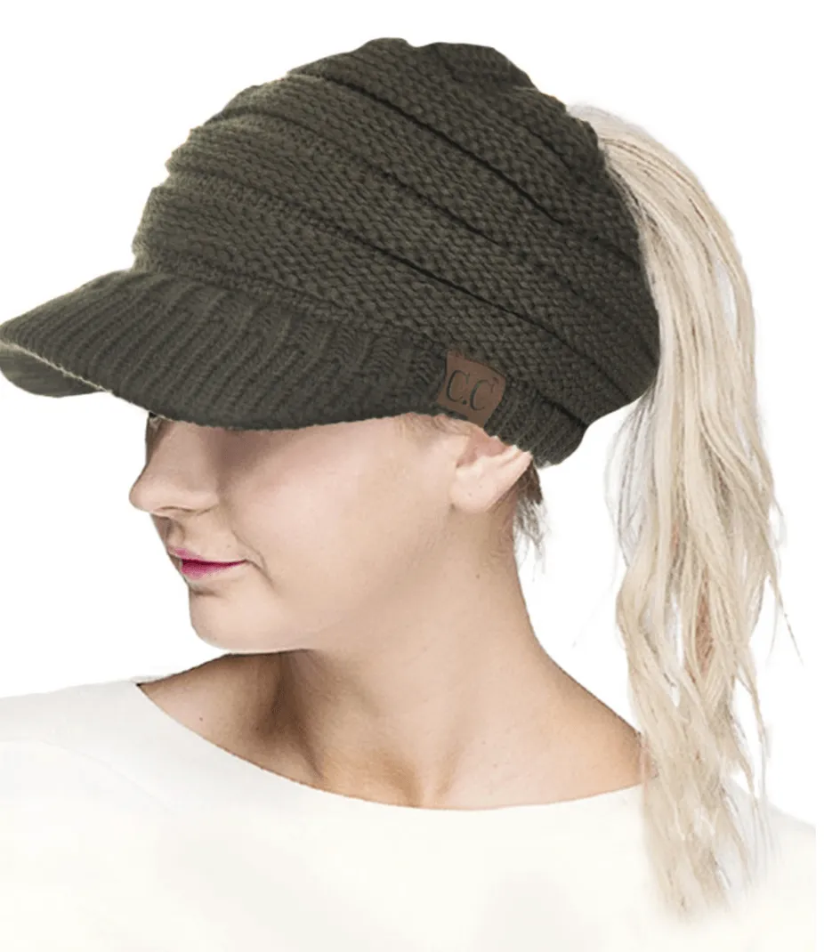 C.C KNIT BRIM MESSY BUN PONYTAIL VISOR BEANIE HAT-MB-131