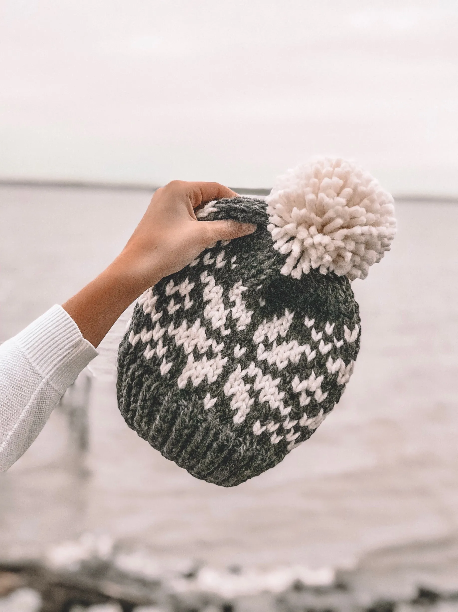 Charcoal Snowflake Fair Isle Knit Beanie Adult Knitted Hat // Yarn Pom Pom