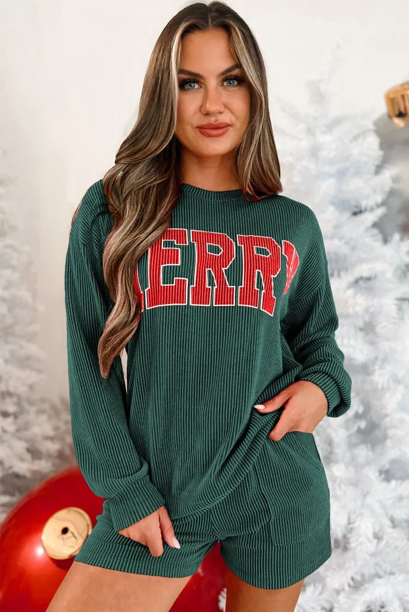 Christmas Corduroy "MERRY" Graphic Long Sleeve Shorts Set