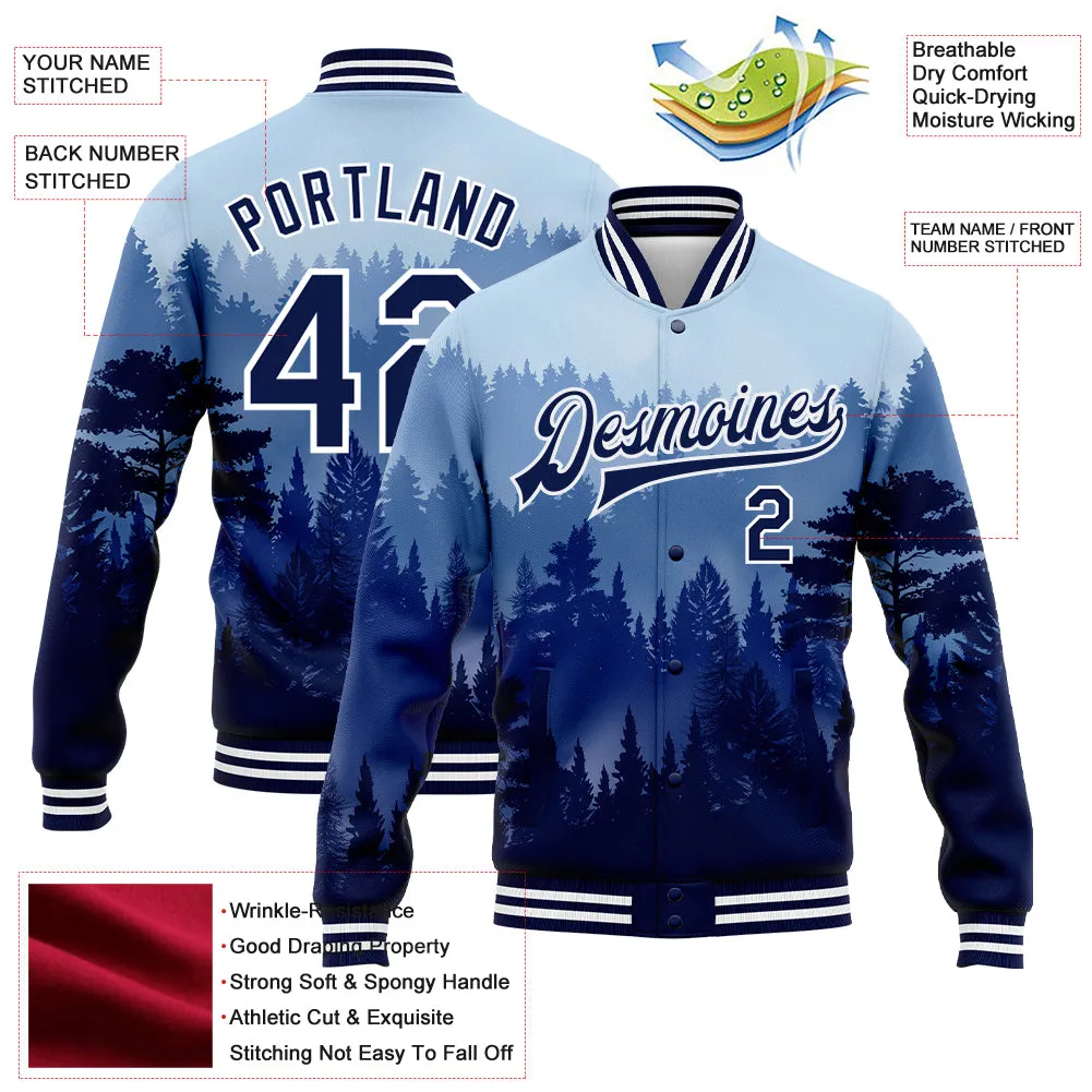 Custom Royal Navy-White Pine Forest With Fog 3D Pattern Design Bomber Full-Snap Varsity Letterman Jacket