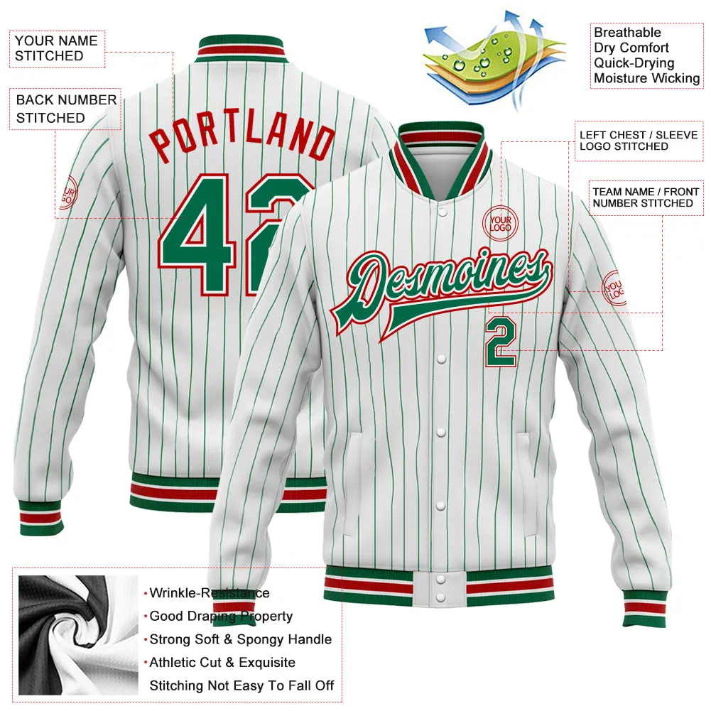 Custom White Kelly Green Pinstripe Red Bomber Full-Snap Varsity Letterman Jacket