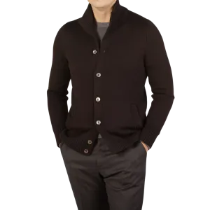 Dark Brown Merino Wool Button Cardigan