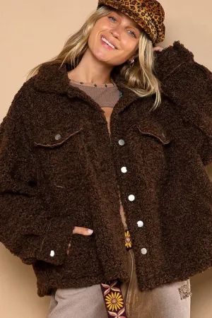 Dark Chocolate Oversize Sherpa Fleece Pockets Button Down Jacket