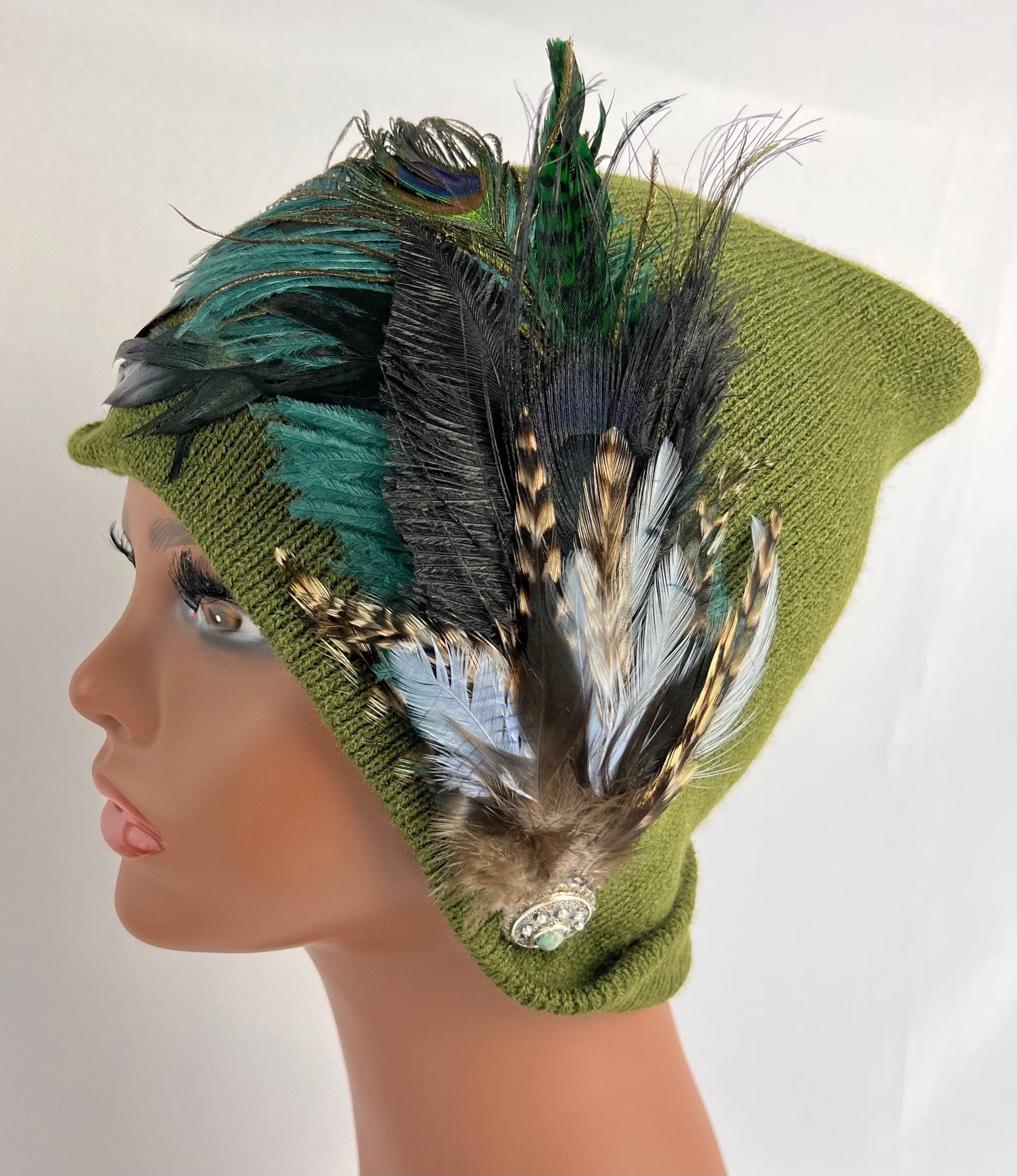 Embellished Feathered & Vintage Jeweled Knit Hat