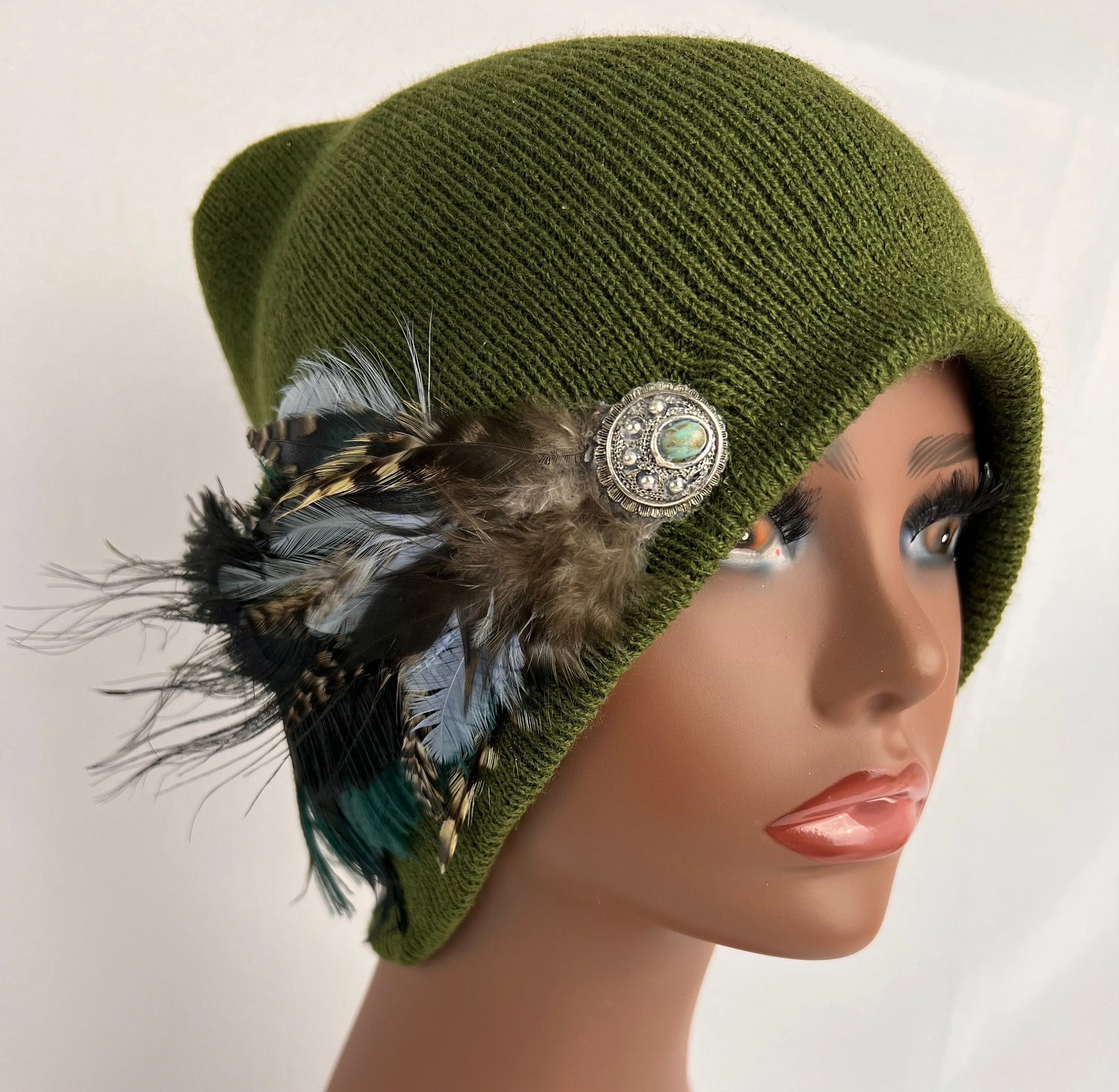 Embellished Feathered & Vintage Jeweled Knit Hat