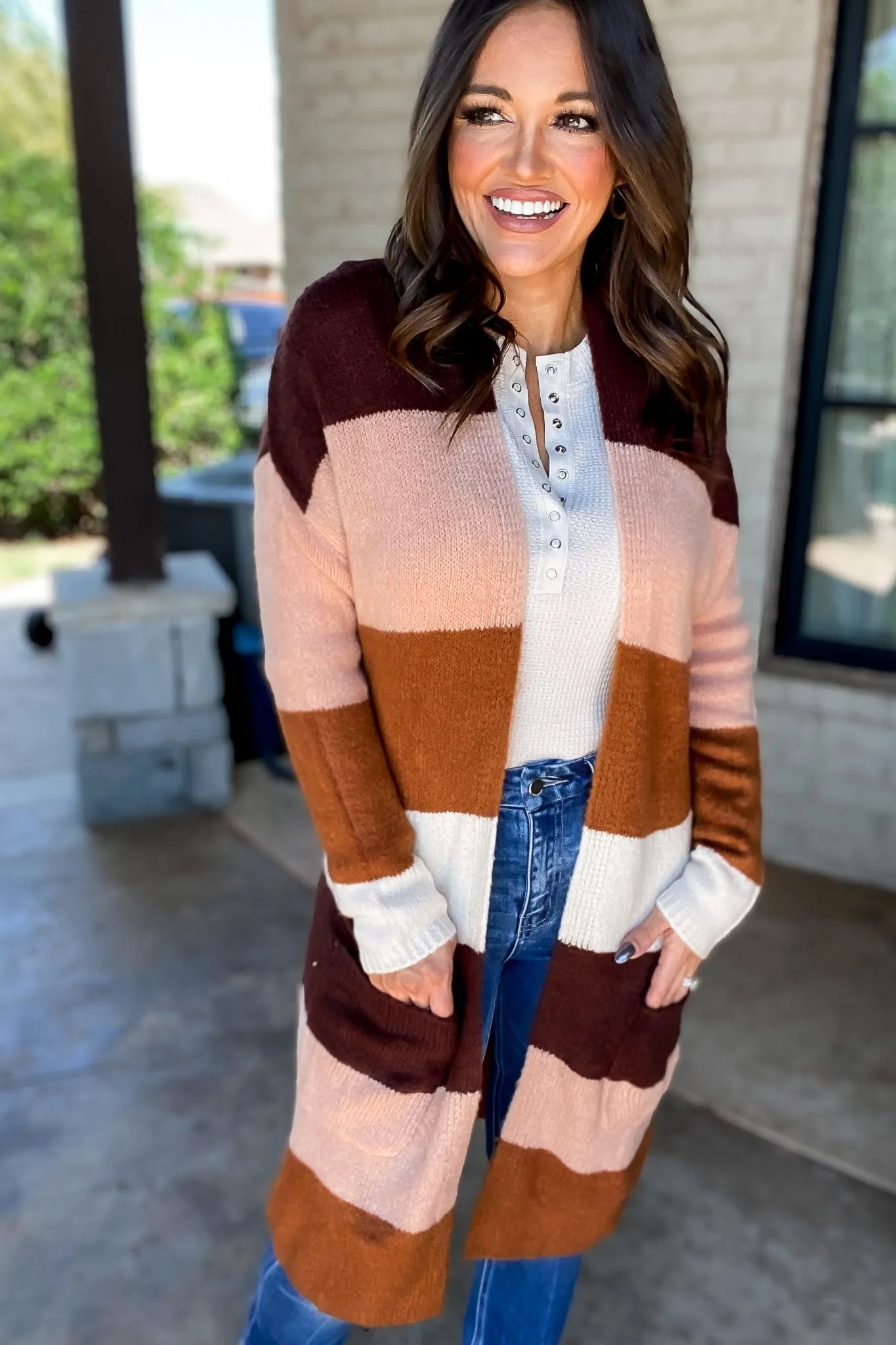 Every Aspect Sepia And Pink Long Sleeve Open Front Color Block Cardigan