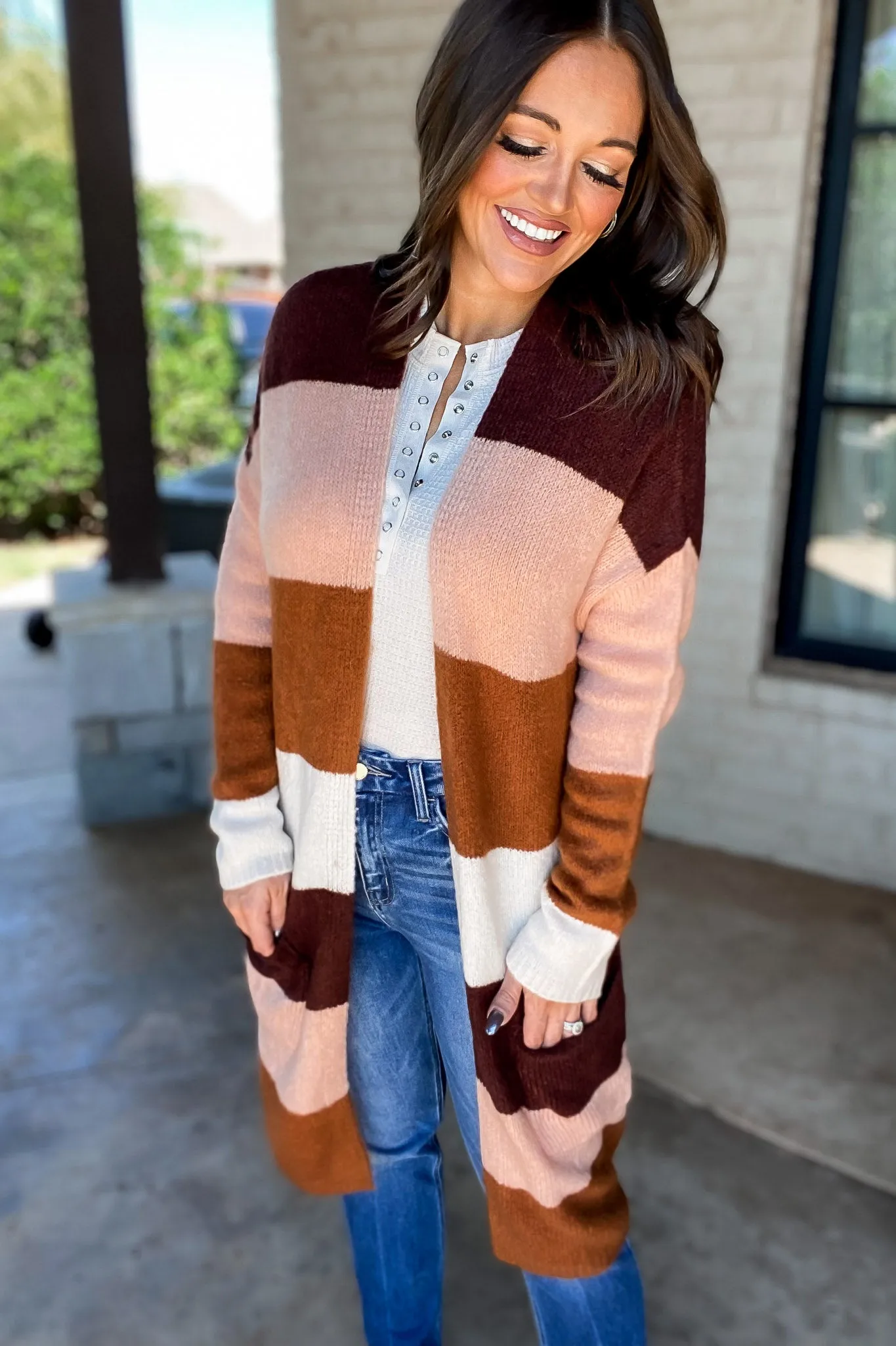 Every Aspect Sepia And Pink Long Sleeve Open Front Color Block Cardigan