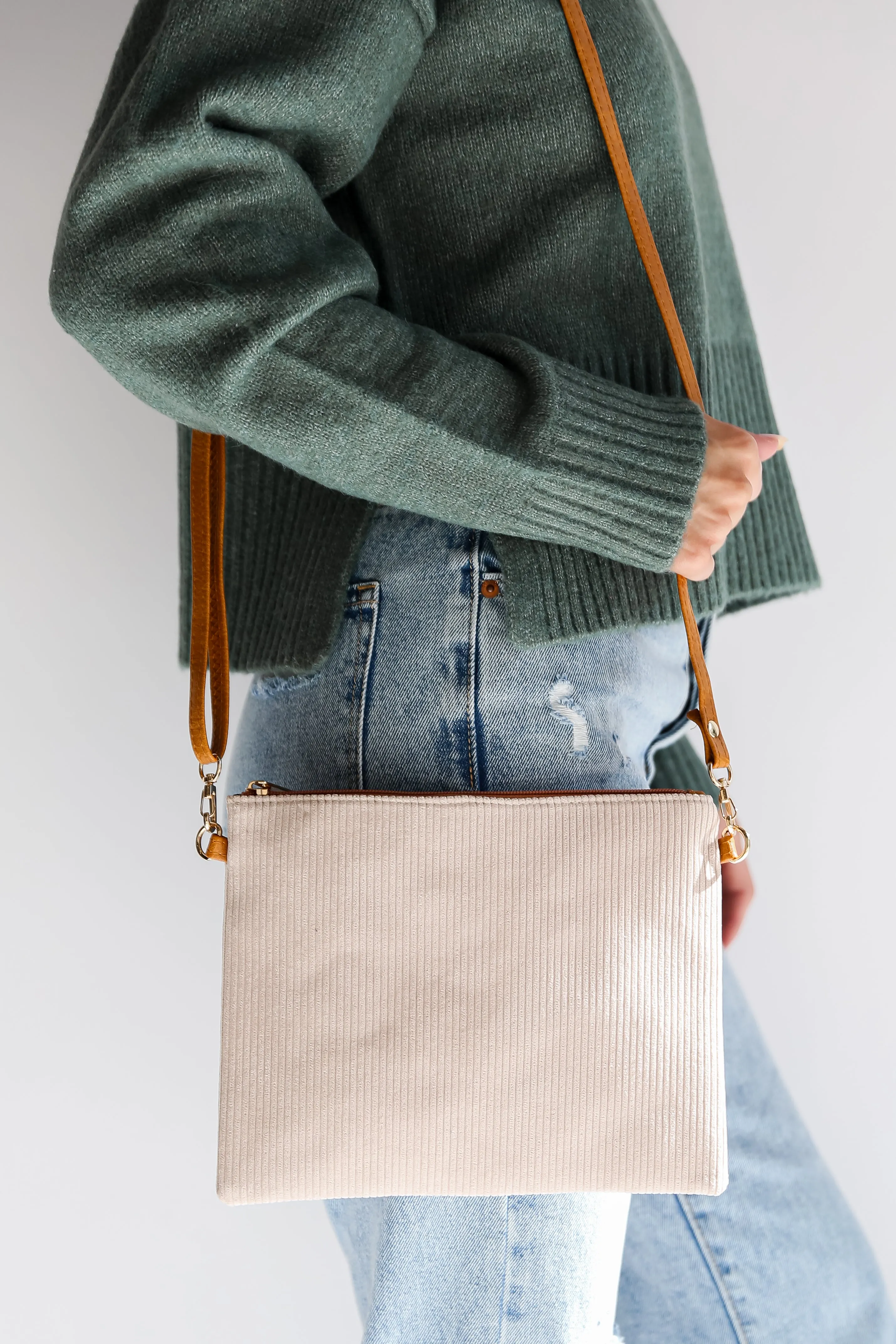 FINAL SALE - Unbelievably Cute Beige Corduroy Crossbody Bag