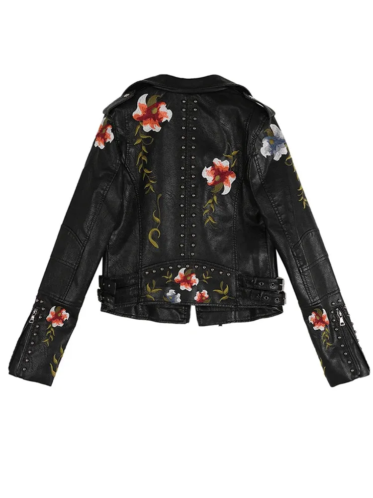 Floral Print Embroidered Faux Leather Biker Jacket with Turn-down Collar