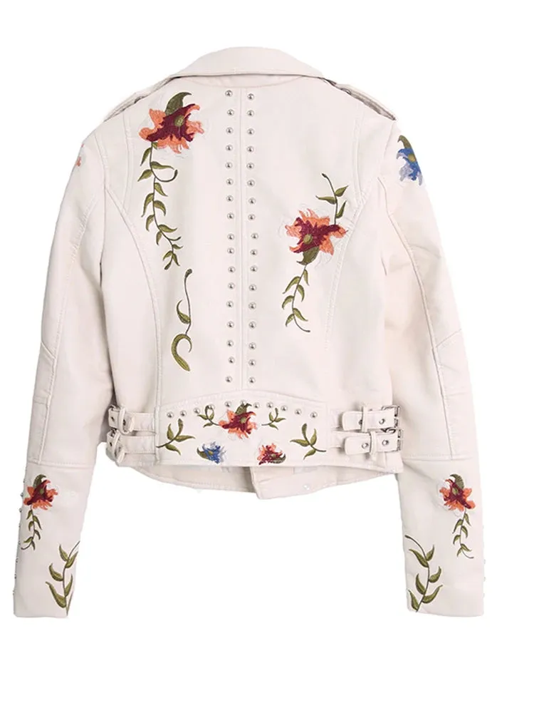 Floral Print Embroidered Faux Leather Biker Jacket with Turn-down Collar