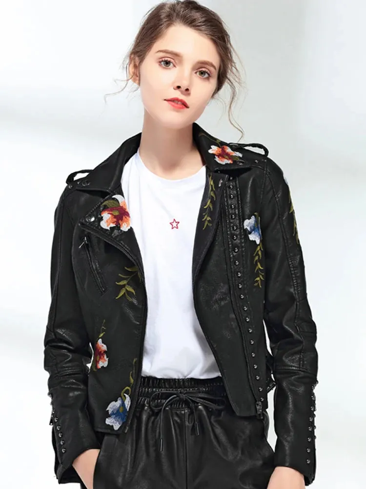 Floral Print Embroidered Faux Leather Biker Jacket with Turn-down Collar