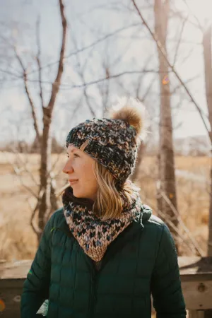 Forest Green Speckle Merino Wool Knit Hat with Faux Fur Pom Pom - Hand-Dyed Yarn