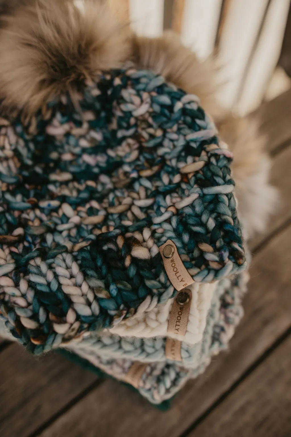 Forest Green Speckle Merino Wool Knit Hat with Faux Fur Pom Pom - Hand-Dyed Yarn